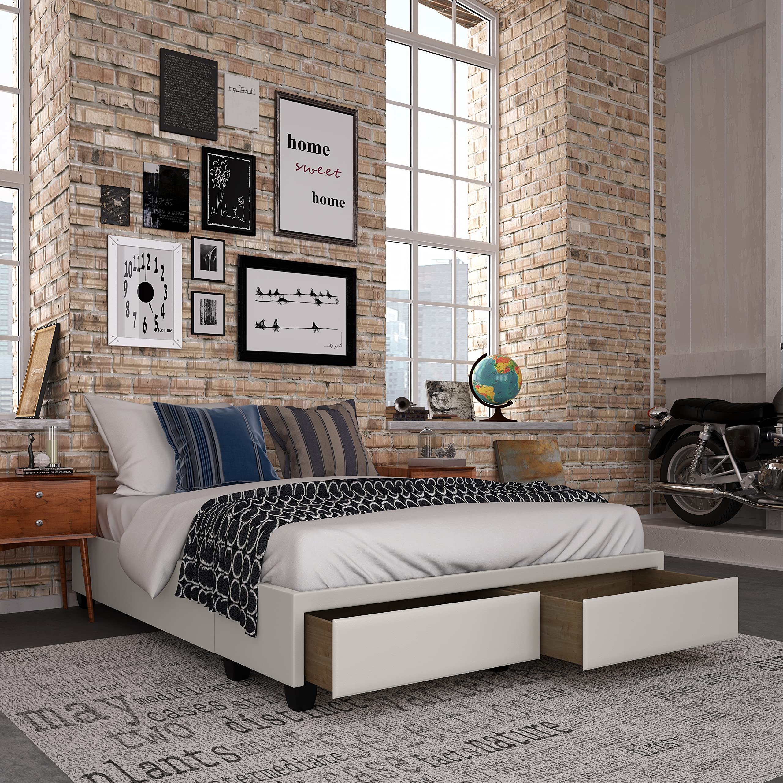 Boyd Sleep Parma Uplift Upholstered Platform Bed Frame Mattress Foundation, Dual Front Storage Drawers, and Strong Wood Slat Supports: Faux Leather, White, Full